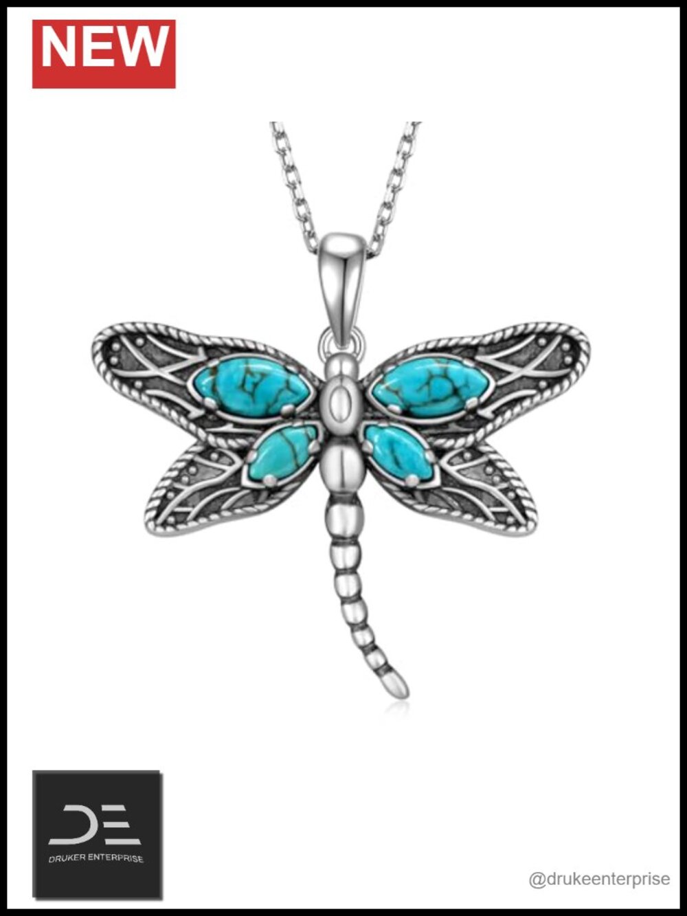 925 Sterling Silver Turquoise Dragonfly Pendant Necklace 18+2 Inch Adjustable